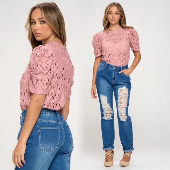 Pink embroidered puff sleeve top - Picture 4 of 9